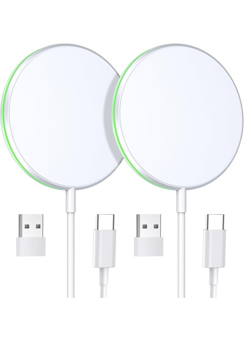 15W Magnetic Wireless Charger with with 5ft Dual Charging Port Cable-White