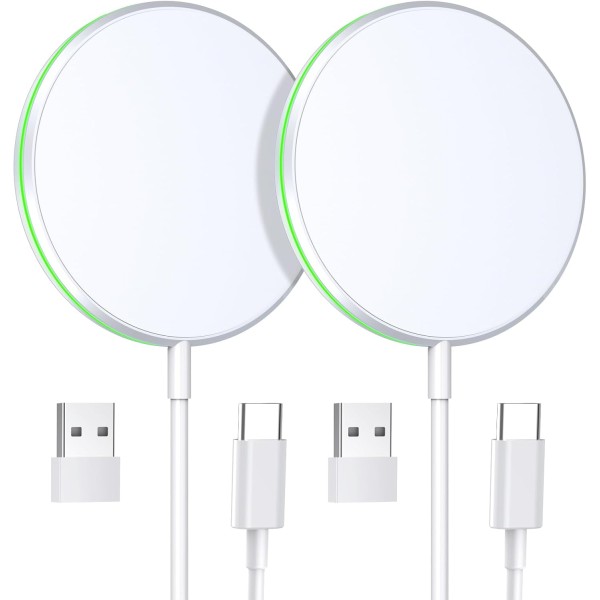 15W Magnetic Wireless Charger with with 5ft Dual Charging Port Cable-White