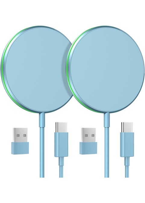 15W Magnetic Wireless Charger with with 5ft Dual Charging Port Cable-Blue