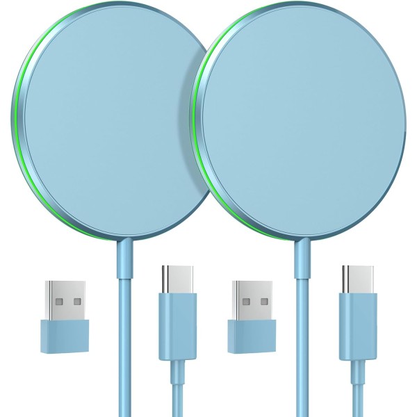 15W Magnetic Wireless Charger with with 5ft Dual Charging Port Cable-Blue