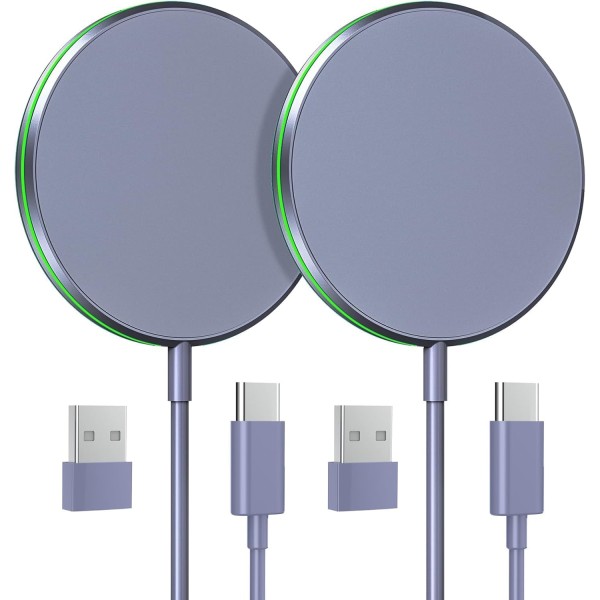 15W Magnetic Wireless Charger with with 5ft Dual Charging Port Cable-Purple