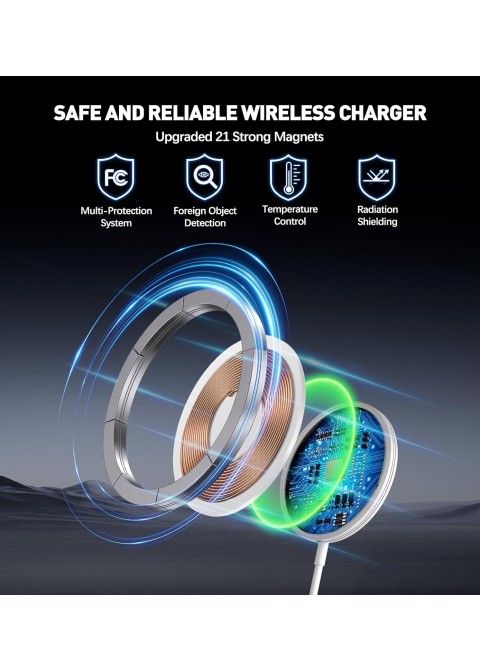 15W Magnetic Wireless Charger with with 5ft Dual Charging Port Cable-Blue